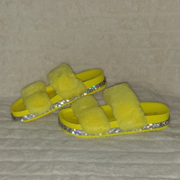 Fur Baby Yellow Soft Furry Double Band Slip on Rhinestone Trim Sandals Slippers - Picture 12 of 14